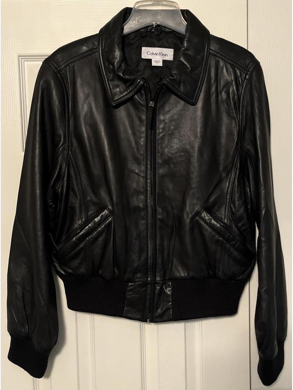 Calvin Klein Womens Black Genuine Leather Bomber Jacket Large Rabbit Fur Liner